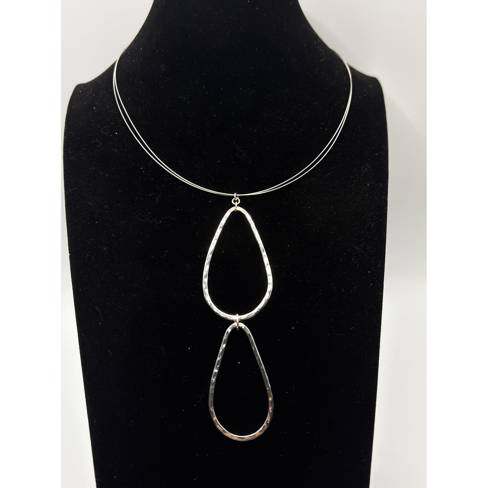 SO Necklace Womens 14" Silver Tone Hammered Double Wire Teardrop Pendant‎
